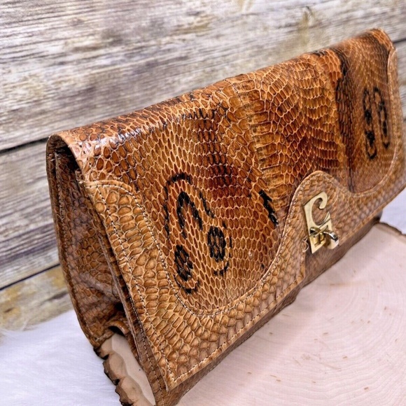 Vntg 70's Pierre Cardin Tan Brown Cobra Snakeskin Leather HandBag Clutch Purse - Picture 2 of 12